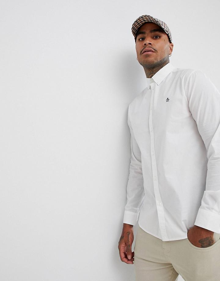 Original Penguin Stretch Poplin Buttondown Shirt Small Logo Heritage Slim Fit In White - White