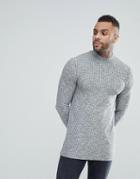 Asos Longline Muscle Long Sleeve T-shirt With Turtleneck In Knitted Jersey Rib In Gray - Gray