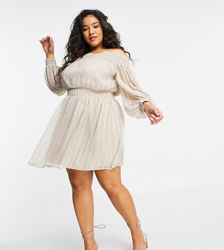 Asos Design Curve Off Shoulder Mini Dress With Blouson Sleeve In Self Stripe-multi