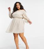 Asos Design Curve Off Shoulder Mini Dress With Blouson Sleeve In Self Stripe-multi