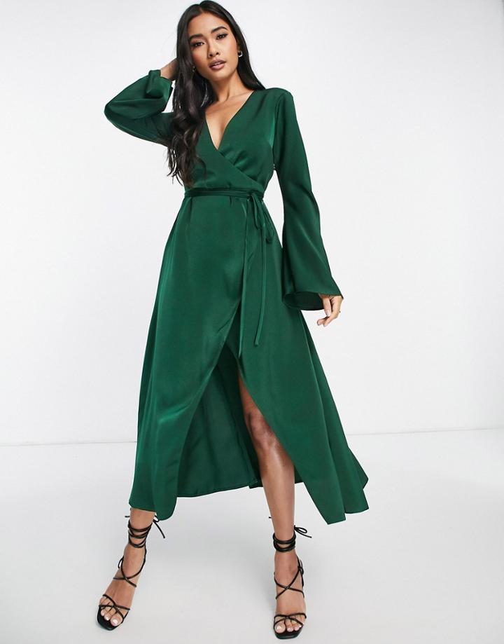 Asos Design Bias Cut Satin Wrap Dress With Tie Waist In Forest Green
