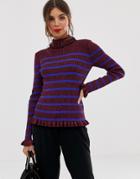 Y.a.s Rollneck Stripe Sweater With Frill Hems - Purple