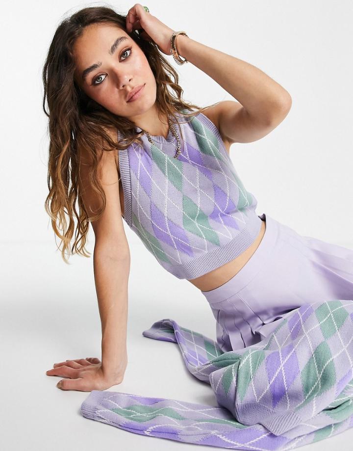 Topshop Knitted Lilac Argyle Crop Tank-purple