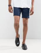 Asos Slim Mid Length Linen Mix Shorts In Navy - Navy