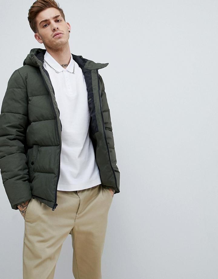 Original Penguin Quilted Hooded Puffer Jacket Sleeve Badge Logo In Green - Green