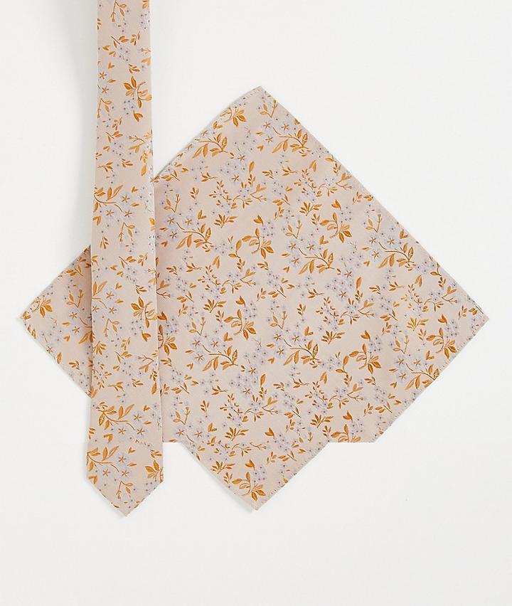 Asos Design Slim Tie With Pocket Square In Gold Ditsy Floral