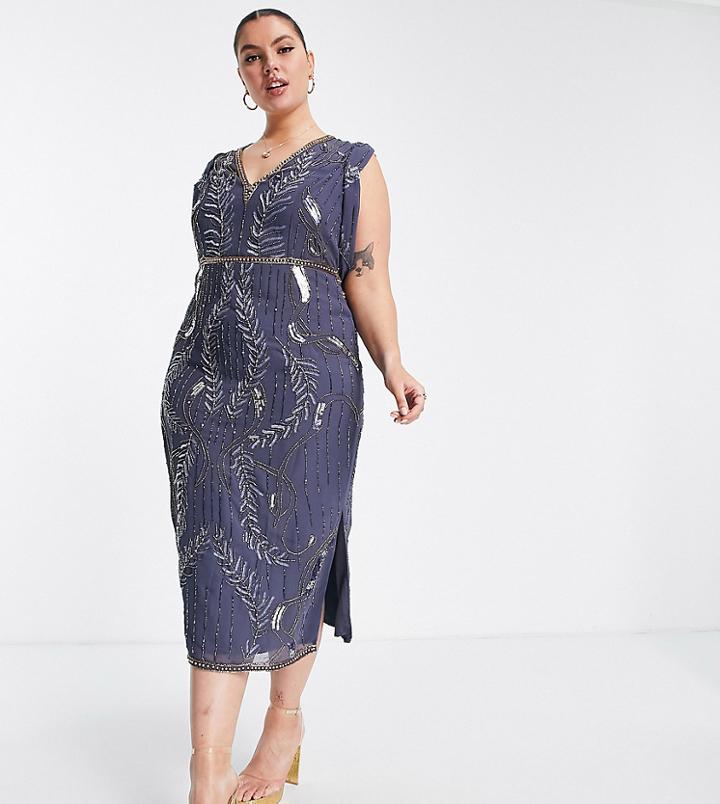 Asos Design Curve Drape Back Embellished Midi Dress-blue