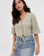 New Look Puff Sleeve Tie Front Button Through Top In Stone - Tan