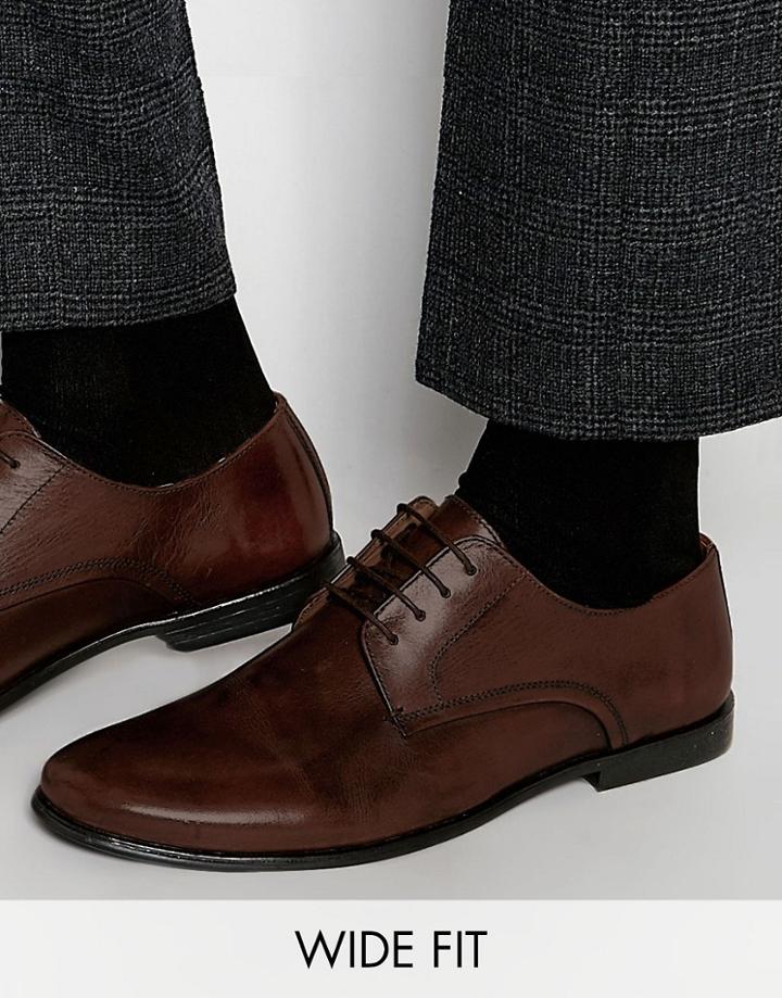Asos Wide Fit Derby Shoes In Brown Leather - Brown