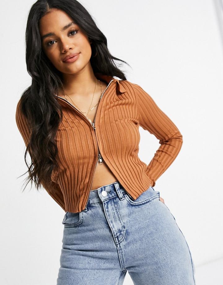 Parallel Lines Zip Up Knit Cardigan In Camel-neutral
