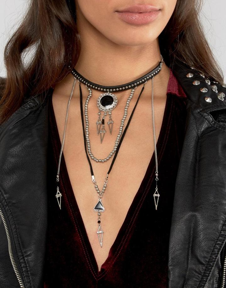Asos Studded Multirow Bolo Choker Necklace - Black