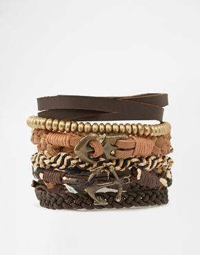 Asos Leather Bracelet Pack With Anchor And Gold Beads - Brown