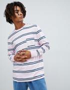 Asos Design Relaxed Long Sleeve T-shirt With Pink Stripe And Pocket