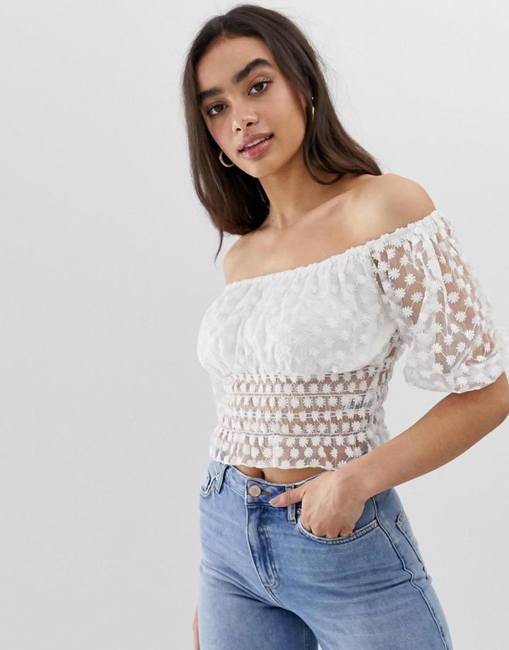 Asos Design Embroidered Floral Mesh Bardot Top With Shirred Waist-white