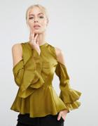Asos Satin Top With Cold Shoulder & Ruffle Sleeve - Green