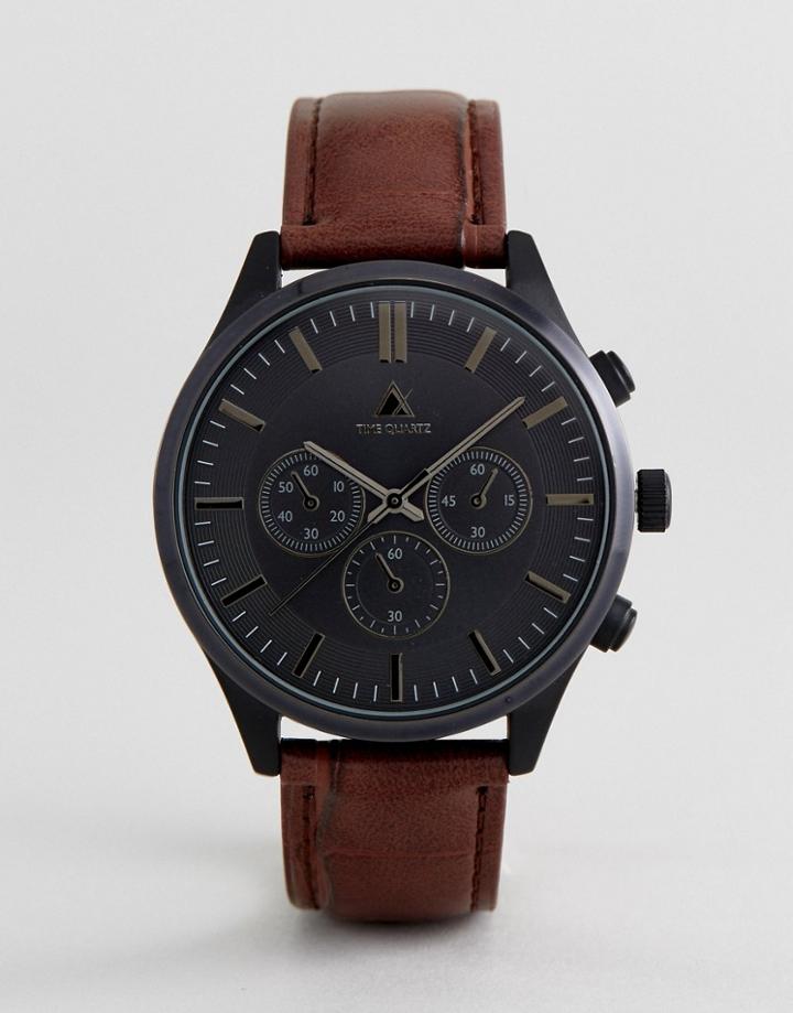 Asos Leather Watch With Crocodile Emboss Strap And Contrast Black Case - Brown