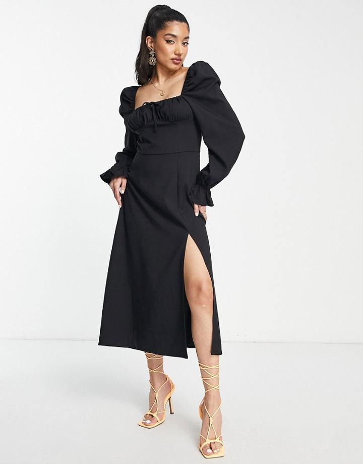 The Frolic Midaxi Milkmaid Dress In Linen With Tie Bust Detail-black