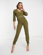 I Saw It First Wrap Front Jumpsuit In Khaki-green
