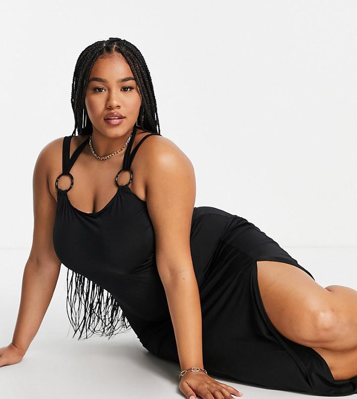 Asos Design Curve Slinky Maxi Beach Dress With Ring Detail-black