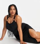 Asos Design Curve Slinky Maxi Beach Dress With Ring Detail-black