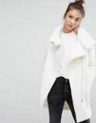 Pull & Bear Faux Fur Lined Zip Front Coat - White