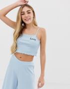 Asos Design Mix And Match Ribbed Embroidered Honey Pyjama Crop Top With Lettuce Hem-blue