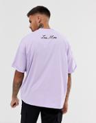 Asos Design Oversized T-shirt With Back Embroidery And Roll Sleeve - Purple