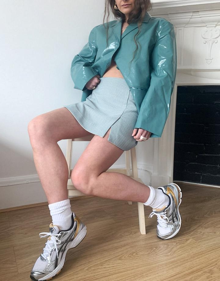 Weekday Jules Coordinating Mini Skirt With Slits In Blue Puppytooth-blues