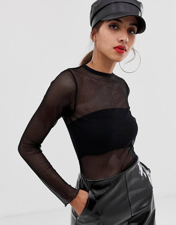Asos Design Sheer Fishnet Mesh Top With Long Sleeve-black