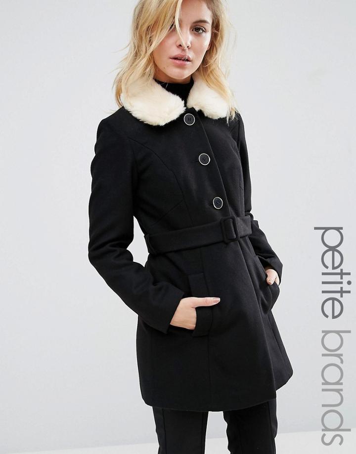 Miss Selfridge Petite Faux Fur Collar Tie Coat - Black