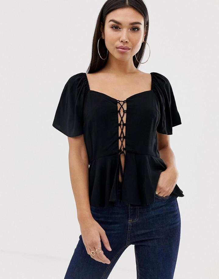 Asos Design Tea Blouse With Lace Up Front Detail-black