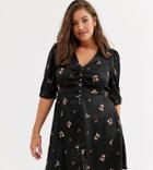 Simply Be Tea Dress With Button Detail In Black Jacquard Ditsy Floral-multi