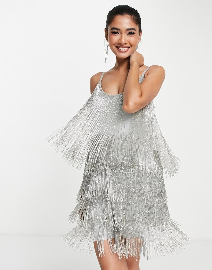 Asos Design Embellished Fringed Mini Dress-silver