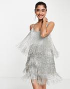 Asos Design Embellished Fringed Mini Dress-silver