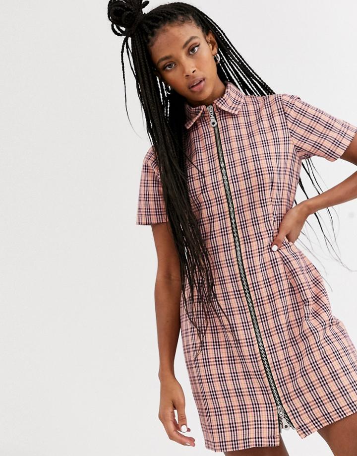 The Ragged Priest Mini Dress With Zip Front In Check-pink