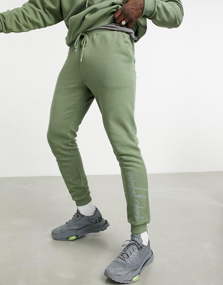Asos Dark Future Set Oversized Sweatpants With Logo Print In Olivine-green