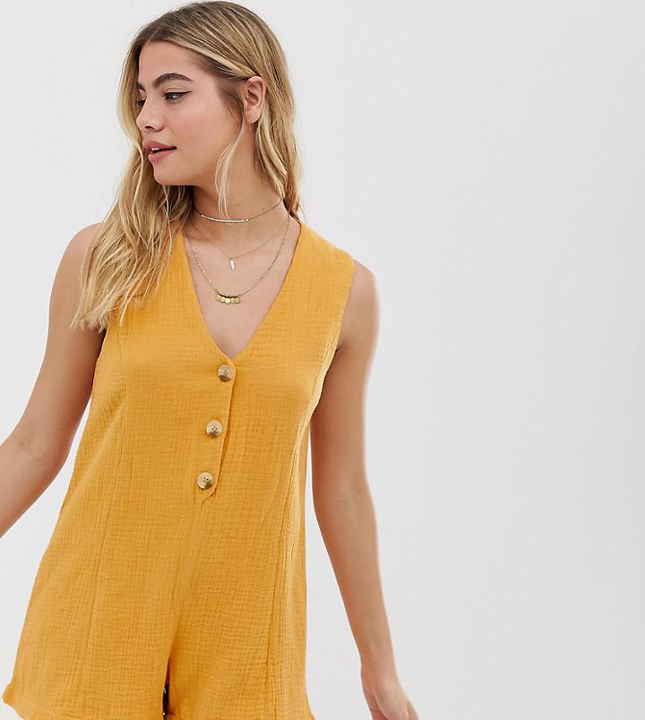 Rhythm Camille Cotton Button Front Beach Romper In Marigold - Yellow