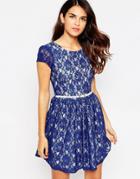 Closet Belted Lace Dress With V Back - Blue