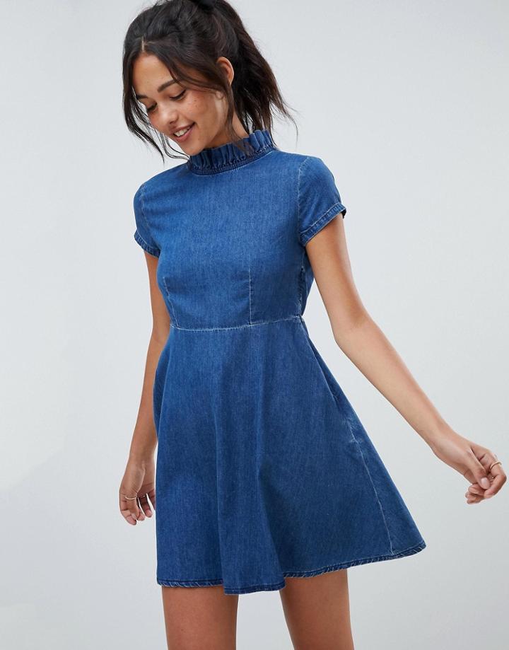 Asos Design Denim Smock Dress With Ruffle Neck - Blue