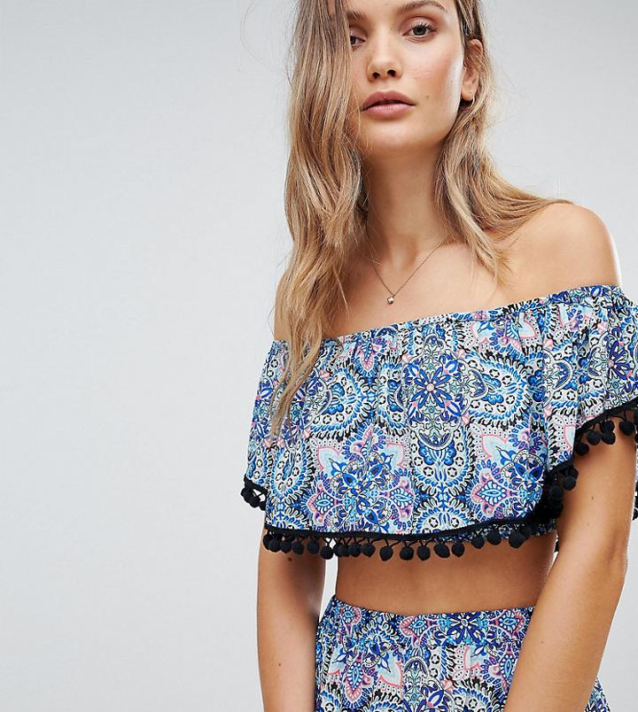Boohoo Bardot Paisley Print Pom Trim Beach Top - Blue