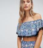 Boohoo Bardot Paisley Print Pom Trim Beach Top - Blue