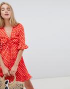 Qed London Polka Dot Tea Dress With Frill Details - Red
