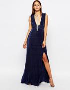 Missguided Pleated Plunge Maxi Dress - Navy