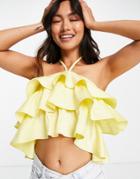 Lost Ink Halterneck Crop Top With Ruffles-yellow