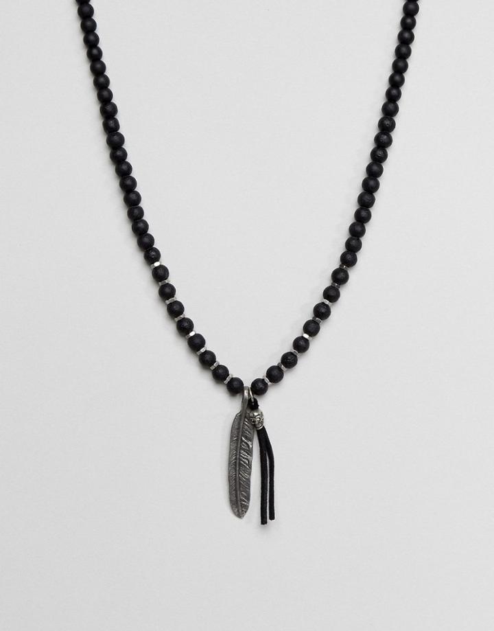 Asos Design Beaded Necklace In Black With Feather - Black