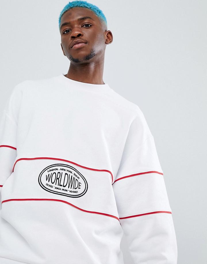 Asos Design Oversized Sweatshirt With Worldwide Embroidery And Piping - Black
