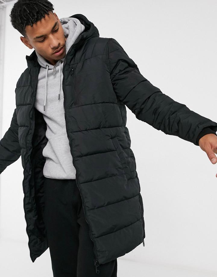 Threadbare Longline Padded Jacket In Black