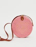 Asos Design Structured Rattan Circle Bag With Flower Weave - Pink