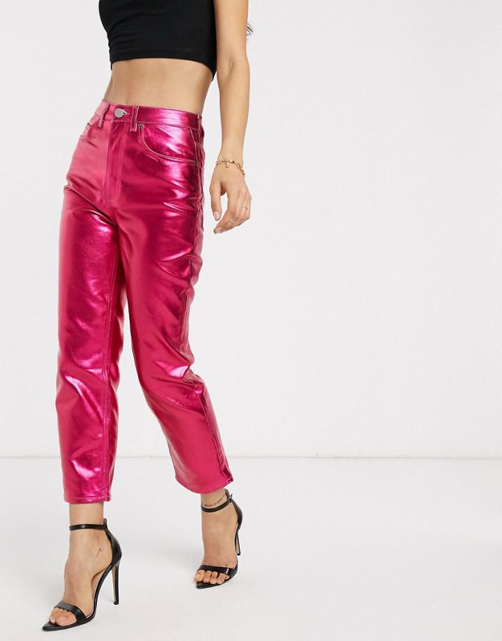 Asos Design Florence Authentic Straight Leg Jeans In Bright Pink Metallic