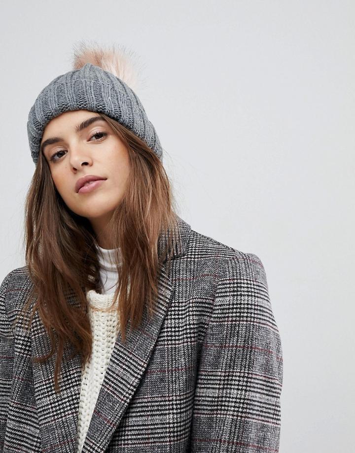 Warehouse Faux Fur Pom Hat - Gray